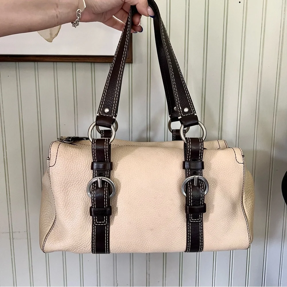 Coach Chelsea Cream Pebbled Leather Large Satchel Brown Straps Authentic - Picture 8 of 8